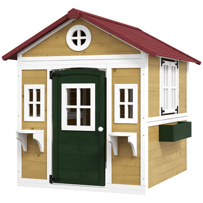 Wooden Playhouse for Kids Outdoor with Door, Windows, Planter Pots and Boxes for Toddlers 3-8 Years, Beige